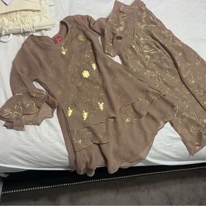 girls size selwar kamiz.Girls' Brown and Gold Floral Dress Set